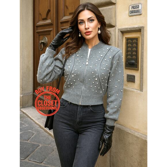 ZARA Wool-Blend Knit Jacket NWT | Gray Pearl Bomber Cardigan - Picture 1 of 12